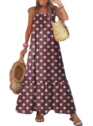 Dokotoo Womens Summer Dresses 2026 U Neck Brown Maxi Dresses L