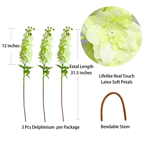 YalzoneMet 3Pcs Light Green Delphinium Artificial Flower Long Stem for Tall Vase 31.5'' Real Touch Fake Larkspur Latex Big Delphinium for Home Decor Floor Vase Flora Table Centerpiece