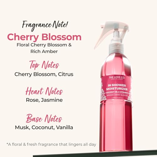 Image of The Love Co Japanese Cherry Blossom In-Shower Moisturizer | Body Lotion-Like Hydration Spray | Fast-Absorbing, Non-Greasy Shower Moisturizer for Dry Skin | Coconut Oil & Shea Butter | 250ml