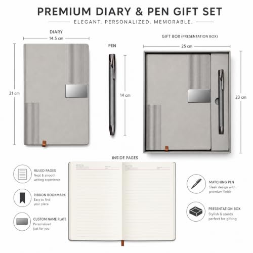 Image of Teak Wood Customized Diary With Pen - 2 in 1 Combo for Corporate Gifts Ideas, Office Diary With Name - Ideal Corporate Gifts for Employees, Premium Dirayi Pen Combo for CorporateGifts Grey Colour