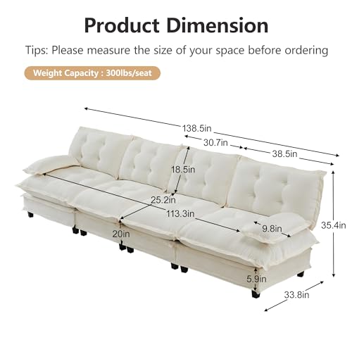 Image of 139 inch Sectional Sleeper Sofa, Modular Deep Seat Couches for Living Room Apartment, Flexible Module Combination Cloud Sofa with Spring Support, Easy Assembly, White