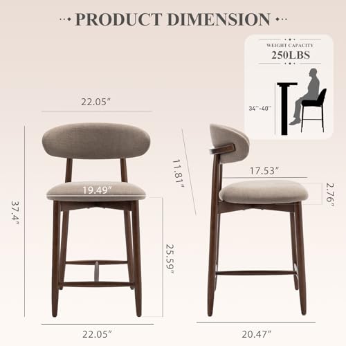 Image of COLAMY Bar Stools Set of 2, Counter Height BarStools with Back, Mid Century Modern Upholstered, with Wood Legs for Kitchen Island Dining Room, Camel