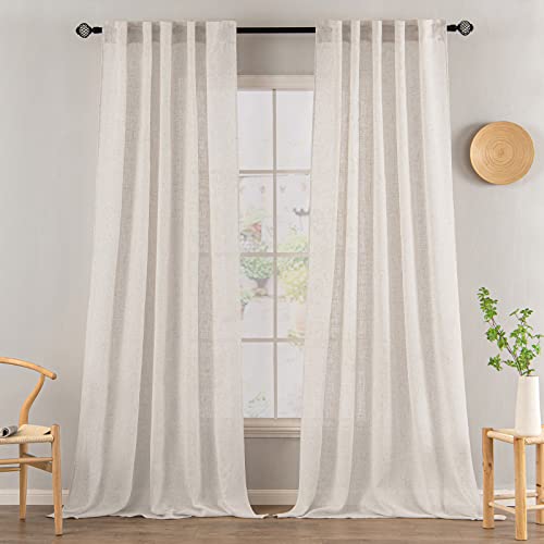 MIULEE White Linen Curtains 96 Inch Long for Bedroom Living Room, Soft Thick Linen Textured Window Drapes Semi Sheer Light Filtering Rod Pocket Back Tab Burlap Look Farmhouse Decor, 2 Panels