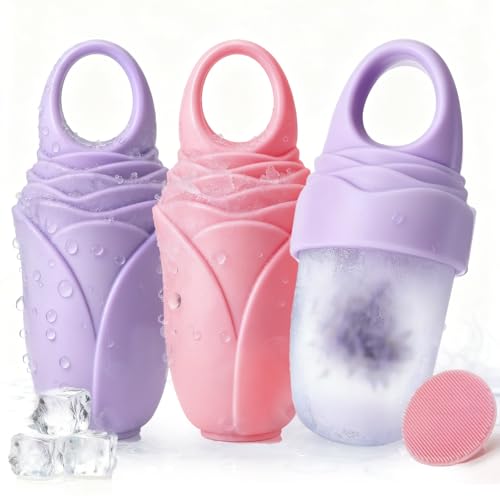 3 Pack Ice Roller for Face Facial Ice Roller Silicone Mold Reusable for Face Women and Eye Neck Cold Skin Care Tools Freezer De Puff Eye Bags Reduce Migraine Pain Pink 1 + Purple 2