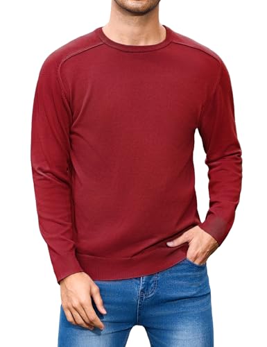 iClosam Pull Col Rond Homme Hiver Pulls à Manches Longues Chaud Pullover uni Rouge Vin XXXL