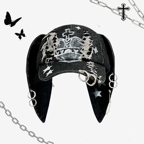 Image of Y2k Hat Punk Hats Denim Bunny Hat Chains Distressed Baseball Cap Kpop Outfits Y2k Grunge Hats for Women