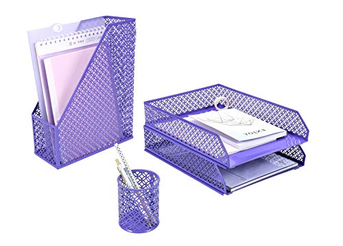 ANNOVA Mesh Desk Organizer 4 Pieces Office Suppliers Desktop Organizer Set Desk Accessories - Letter/File Tray x 2, Magazine Rack/Upright Document Holder x 1, Pen Holder x 1 (Purple)