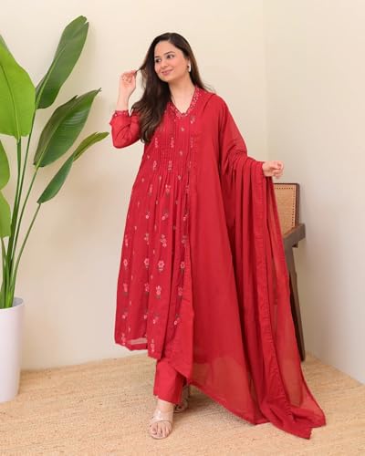 Image of KLOSIA Women Embroidery Solid Anarkali Kurta and Pant Set with Dupatta|Silk|Regular Fit