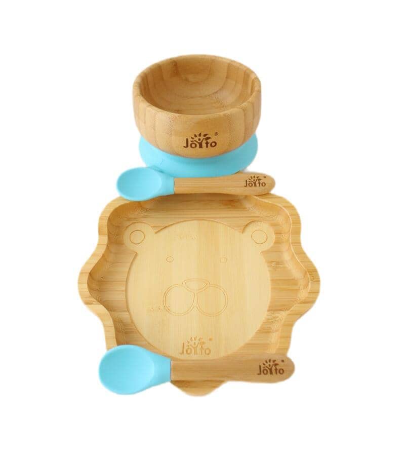 JOYTOBamboo Bundle Bowl and Lion Plate with 2 Spoons (Blue)