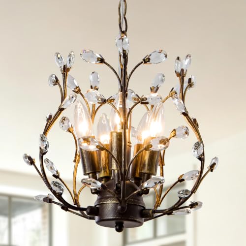 Sedelan 5-Light Vintage Chandelier, Crystal Aged Bronze Tree Branch Farmhouse Decor, Adjustable Chain Ceiling Hanging for Dining Room Kitchen Island Entryway Bedroom