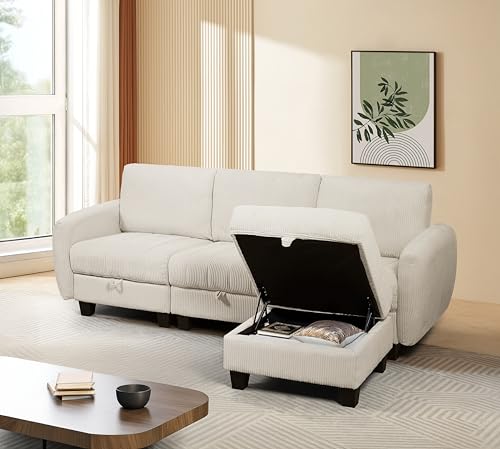 Gecheer Beige White Corduroy Fabric Sofa with Ottoman, Storage Function,