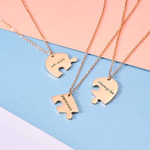 Ankiyabe 3 Sisters Heart Puzzle Piece Necklace We Will Always Connected Necklace Set 3 Best Friends Gift Bestie BFF Gift (We Will Always Connected-Rose Gold)3