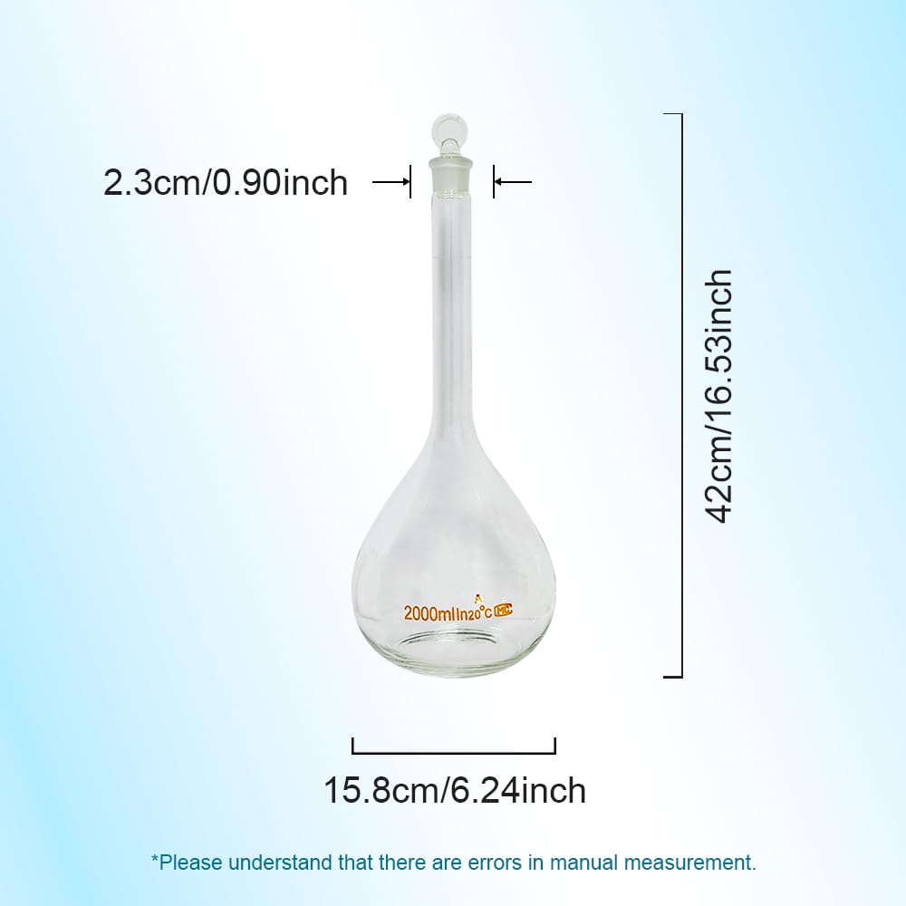 1pcs 5/10/20/25/50/200/500/1000ml Class A Borosilicate Glass Lab Clear Volumetric Flask with Head Stopper (2000ml)