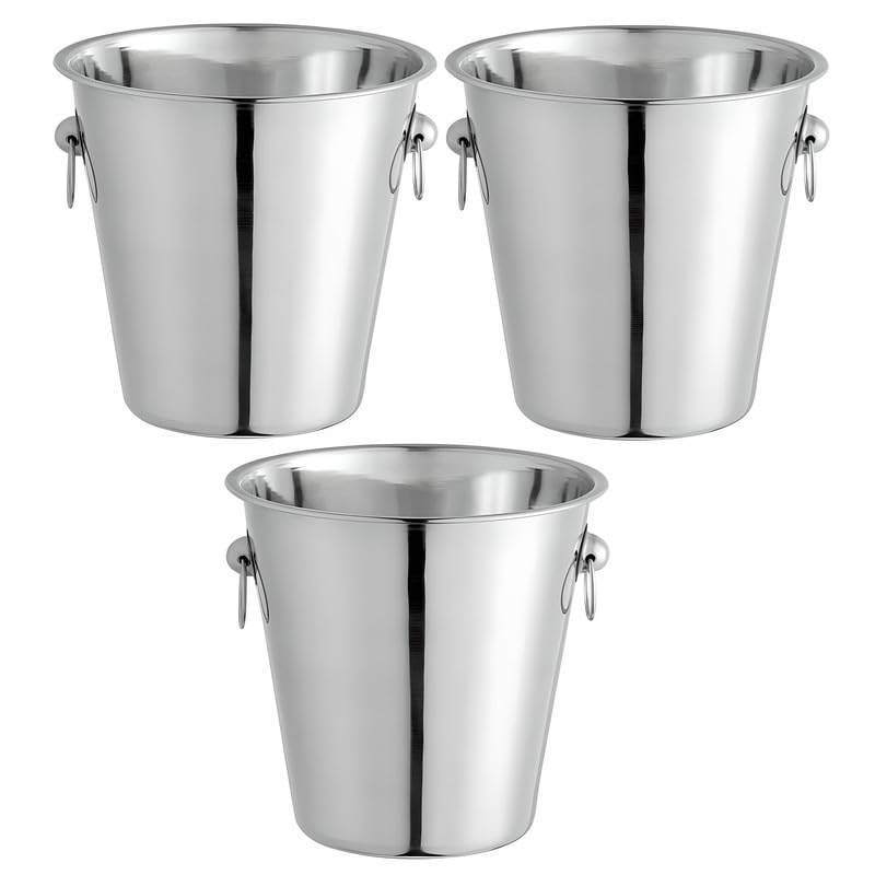 OCS Parts 3-Pack 8.5 Inch Stainless Steel Wine and Champagne Cooler Ice Buckets | 4 Quart Smooth Decorative Ice Buckets for Bottles Beverages and Drinks | Silver