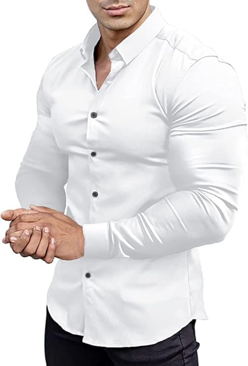 EOUOSS, Camisas de Vestir para Hombre de Ajuste atlético, Corte Estrecho, Manga Larga, elástica, Estilo Informal, con Botones, Blanco-B, X-Small