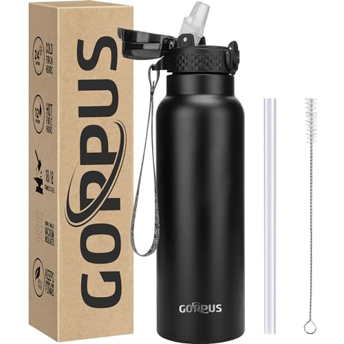 GOPPUS 750ml/26oz Stainless Water Bottle with Straw Double Wall Insulated Bottles with Strap Reusable Vacuum Thermal Flask Leakproof Keep Cold Drinks Bottles with Flip Top Lid for Men Women BPA Free