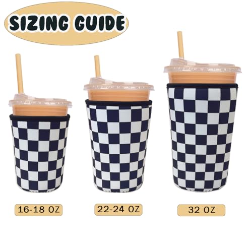 Image of Reusable Insulated Neoprene Iced Coffee Cup Sleeve, Durable Drink Sleeve for Cold Beverages, Beverage Holder for Iced Coffee (Checker Grid)