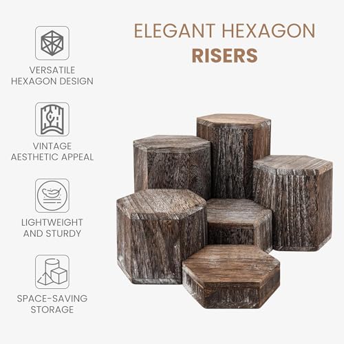 BELLE VOUS 6er Pack Brauner Sechseck Dekosäule Holz Podest Holz Displays - Vintage Deko Holzklotz für Regale & Arbeitsplatten - Sockel für Skulpturen, Schmuck, Figuren, Cupcakes & Desserts