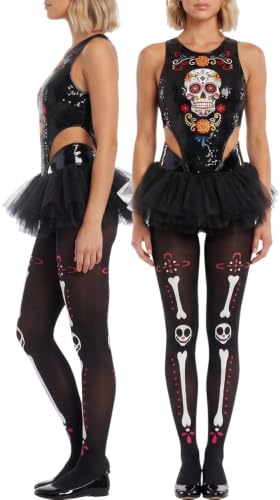 Image of ToBeInStyle Women's Sugar Skull Dia de los Muertos La Catrina Skeleton Bones Tights & Thigh High Stockings
