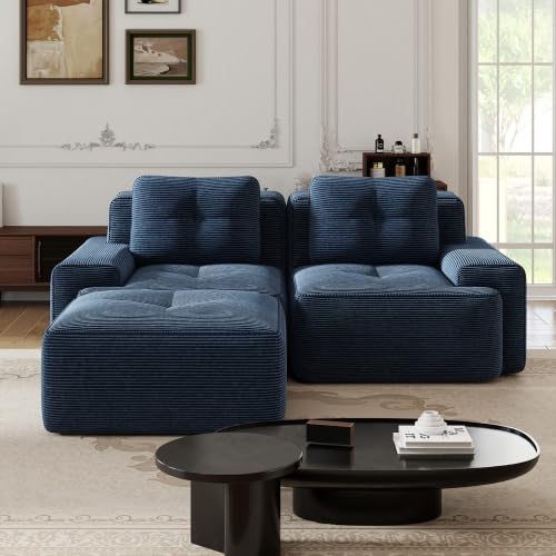 Image of 82 inch L Shaped Modular Boneless Couch with Movable Ottoman, 2 Seat, Soft Corduroy Fabric, Deep Seat Cloud sectional Sofa with Pearl Like Piping and Tufted Design, No Assembly, Anti Slip, Blue