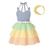 Toddler Girls Clothes Dress Halter Rainbow Plaid 3-Layer Pleated Party Dress Chiffon A-line Dress wi
