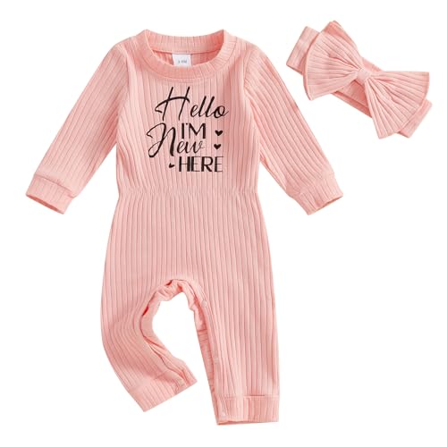 Image of Covvoliy Newborn Baby Girl Fall Outfits Long Sleeve Ribbed Romper Jumpsuit with Headband Set Infant Girl Clothes