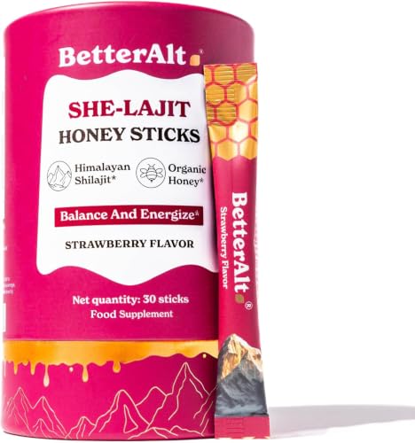 BetterAlt SHE Lajit Strawberry Shilajit Honey Sticks for Women with Shatavari & Saffron | Women Shilajit for Energy Hormone Balance & Wellness | Pure Himalayan Shilajit Sticks- Pack of 30