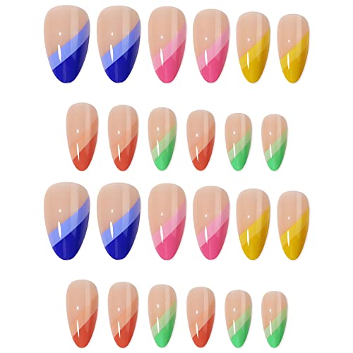 Sinhot Almond Press On Nails Medium Fake Nails Glossy French Tip False Nails With Colorful Rainbow Designs Full Cover Stiletto Acrylic Nails 24Pcs #TOP3