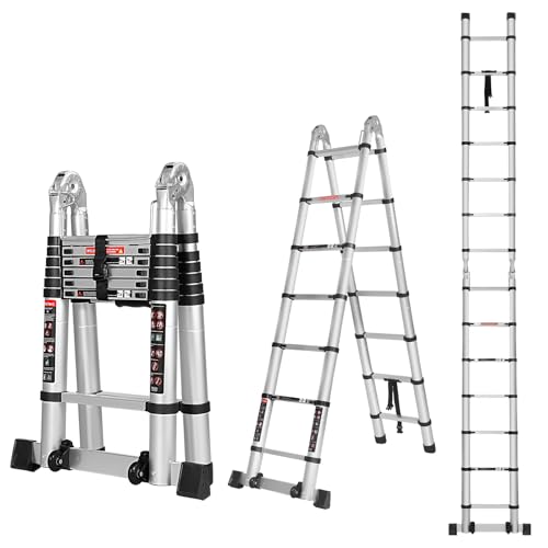 Wolec 14.5FT A Frame Telescoping Ladder, Extension Multi-Purpose w/Balance Bar & Wheels, Ladder A Frame, Heavy Duty 330 lbs Max Capacity, Ideal for Home and Outdoor Work, Silver