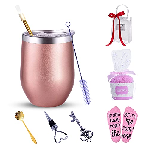 Vaso de vino de acero inoxidable con calcetines de vino, regalo de 250 ml, doble pared, con tapa y cepillo de pajita…