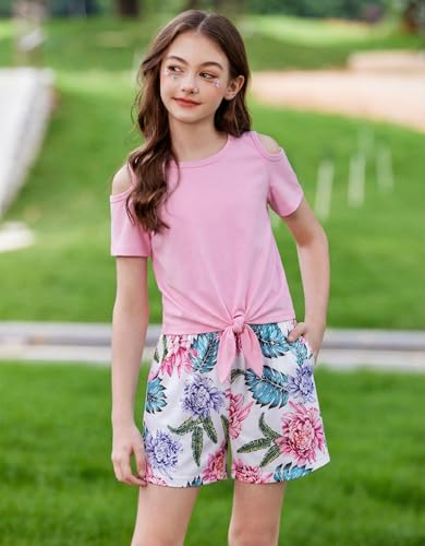 Image of Arshiner Girls Short Sets 2 Pieces Outfits Short Sleeve Tie Knot T-Shirts and Casual Shorts With Pockets Cute Clothes Sets