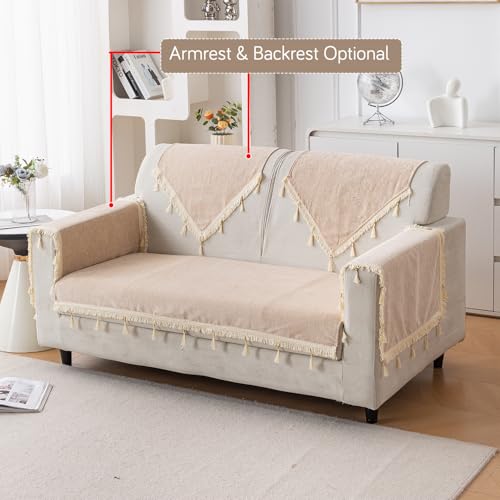 Image of HOKIPO 'Serenity Tassel' Chenille 2 Seater Sofa Cover with Tassel - Ivory Fringe (IN-891-BGE)