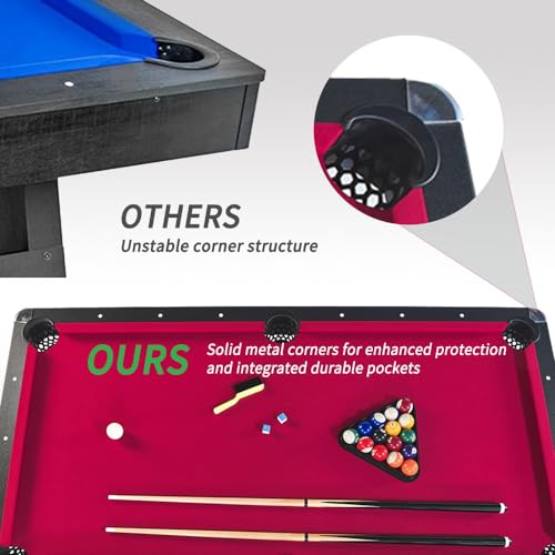 2 in 1 Pool and Table Tennis Multi Game Table, 6-Foot Modern Billiards Table with Conversion Top of Table Tennis Includes Cues, Paddles and Balls (Black+Red) - Thumbnail 5