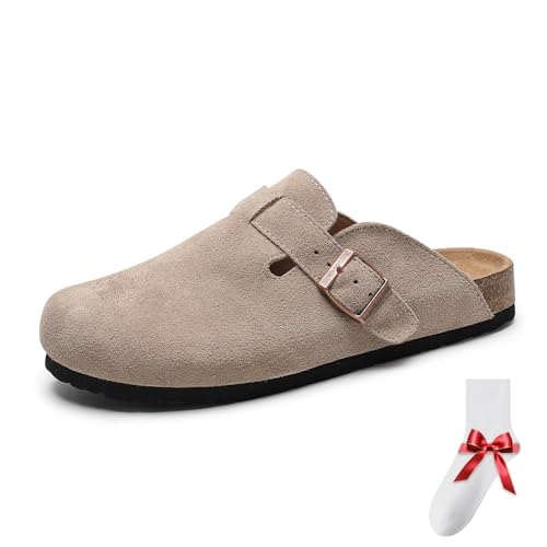 LIWEGHT Unisex Suede Leather Wooden Sole Sandals Casual Outdoor Slip-On Mules with Arch Support Soft Cushioned Footbed Clogs (Taupe Adult Women 36.5 Numeric EU Footwear Size System Medium)