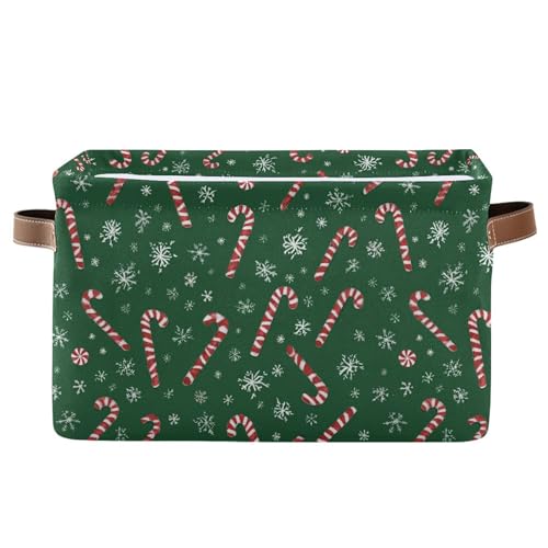 Image of Wamika Christmas Green Storage Basket with Waterproof Liner and PU Handles Winter Candy Cane Snowflake Storage Boxes 14.2 inch Collapsible Decorative Organizer Baskets for Bedroom Closet Office 1 Pack