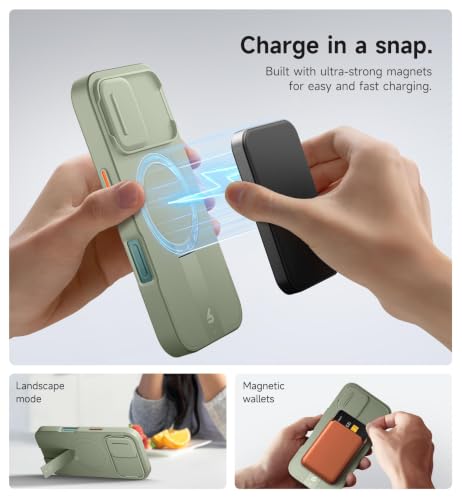 Image of SURITCH for iPhone 16 Case with Magnetic Camera Slide Cover and Adjustable Kickstand, Compatible with MagSafe, Shockproof Bumper Case Slim Protective Cover 6.1 Inch, Green
