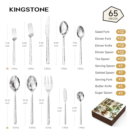 Image of KINGSTONE 65 Piece Hammered Silverware Set with Serving Utensils, 18 /10 Stainless Steel Flatware Set for 8, Cutlery Set for Home, Party, Wedding, Mirror Polished Dishwasher Safe