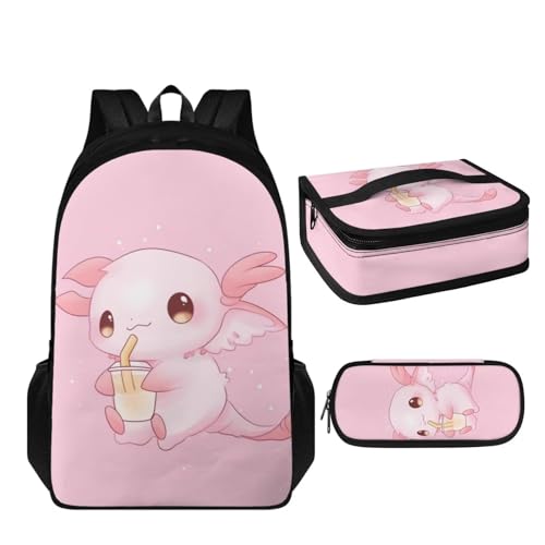 Cartoon Axolotl Kids' Backpacks & Lunch Boxes School Bag Big Capacity with Pencil Bag Kids Backpack Laptop Backpack Comfortable Backpacks for High School Students