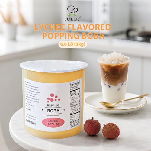 Image of Soeos Lychee Popping Boba Pearls, 6.6 lbs (3000g), Bursting Boba Pearls for Bubble Tea, Beverages, Shakes, Desserts, Smoothie and Ice Cream Topping, Ready-to-Eat