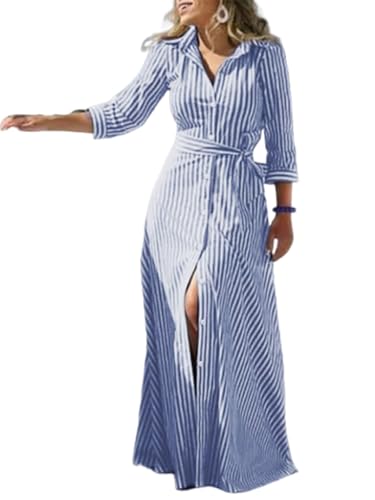 utcoco Women's 2025 Spring Summer Casual Striped Maxi Dress Button Down Shirt Dress with Belt