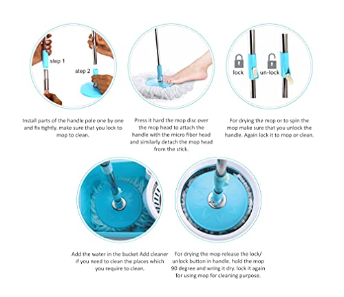 Ganesh Master Steel Quick Spin Mop, Rectangular Plastic Bucket Floor Cleaning Mop with Bucket, Easy in-Built Wheels & Big Bucket, Pocha for Floor Cleaning, Mopping Set (Blue) (Image - 6)