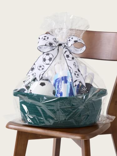 Image of Small Woven Gift Basket Empty - 12 inchx8 inchx5 inch, Green /Soccer Ribbon