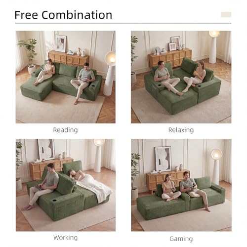 Image of 104 inch L Shaped Boneless Sectional Couches for Living Room, Comfy Corduroy Floor Cloud Sofa with Chaise and Cup Holder, Wide Armrest, Deep Seat, Assembly Free, Ideal for Small Spaces, Green