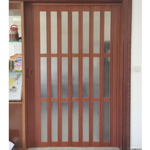 JLXJYS 203 Cm Tall Brown Accordion Door Interior with Frosted Glass, PVC Interior Folding Doors for Closet Kitchen Bathroom, Concertina Accordion Folding Door(WxH 53x80in(133.5x203cm))
