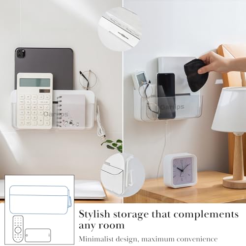Adhesive-Room-Decor-Wall-Mount-Charging-Phone-HolderUniversal-Remote-Control-Smart-Phone-StationNo-Drilling-Box-for-Home-OfficeBedroomCollege-DormRV-Floating-Shelf-OrganizerWhite2-Pack