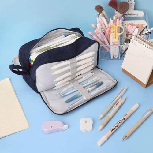Image of iSuperb Big Capacity Corduroy Pencil Case 3 Compartments Pen Pouch Simple Organizer Bag Large Capacity Pencil Box for Adults (Navy Blue)