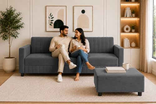 Image of Modern 3-Seater Velvet Sofa with Ottoman | Vertical Channel Tufted Backrest | Plush Cushioned Seating | Stylish Contemporary Sofa for Living Room, Bedroom & Office | Grey