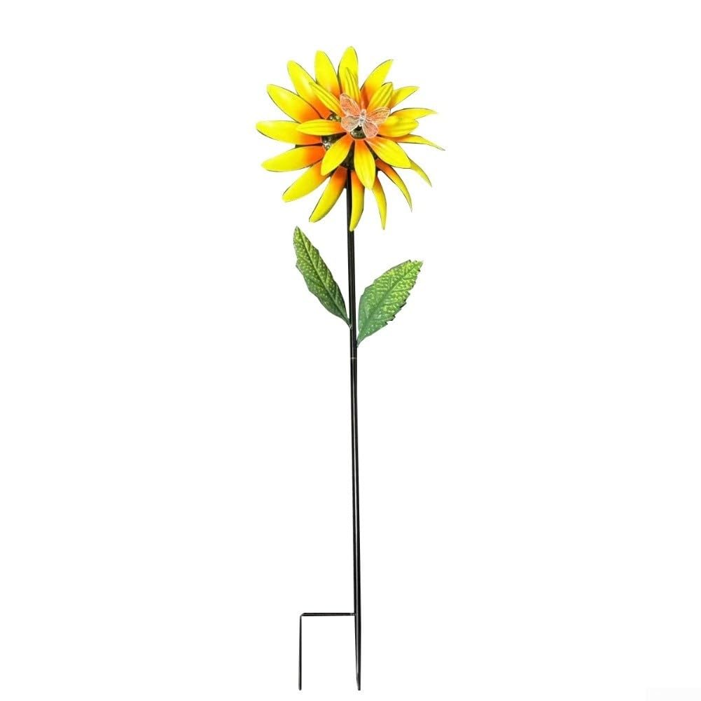 Girandola a vento in metallo, a energia solare, decorazione da giardino con luci, 89 cm, in acciaio, per esterni (giallo)