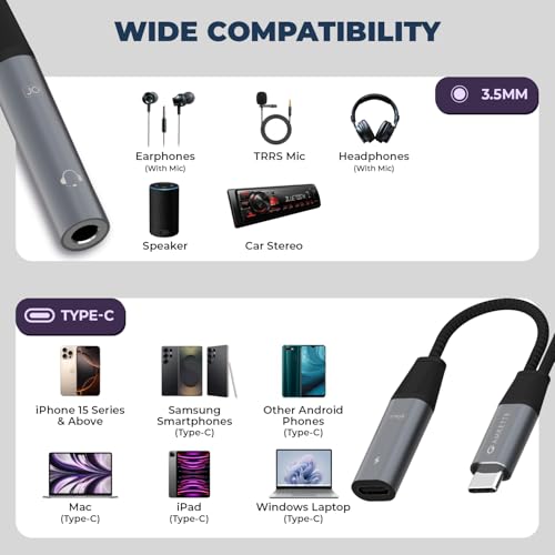 Image of Amkette Adapt Type-C to 3.5mm Audio Adapter with PD Standard Charging | Hi-Res DAC | Simultaneous Music & Charging | Aluminium Alloy Body, Braided Cable | Compatible with PD-Supported Type-C Devices