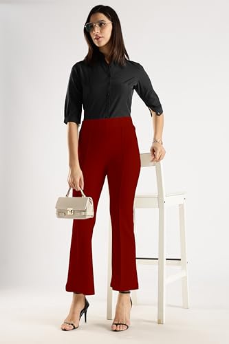 Image of SWADESI STUFF Women's Bell Bottom Trousers - High Waisted Wide Leg Palazzo Pants | Stretchy Cotton Blend Retro Pants for Casual, Office, Party